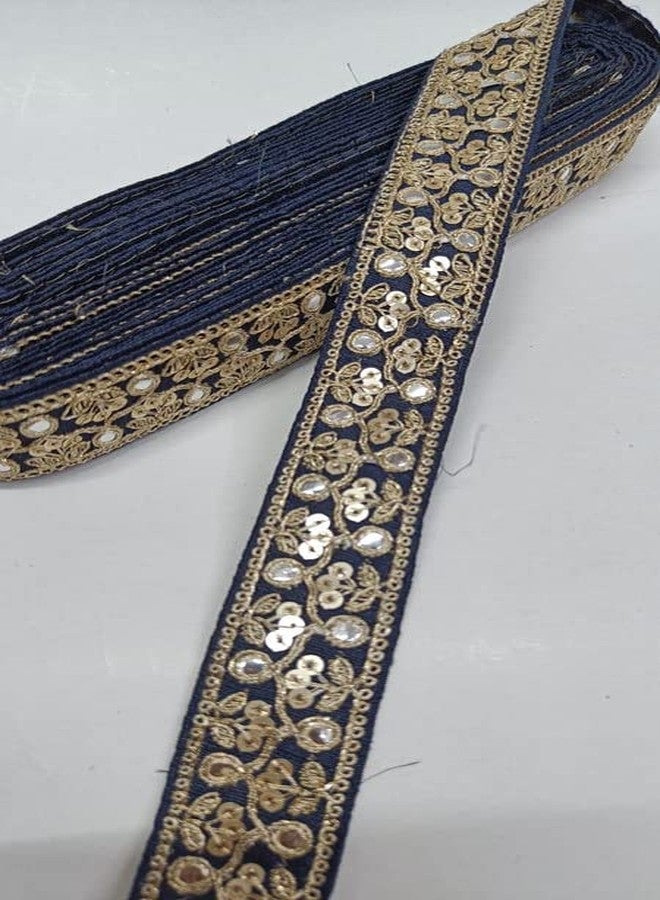 Deep's Creation Deeps Creation 1.5 inch Wide Mirror Lace Border Embroidery Design Lace, Fancy Ribbon, Indian Trims 9 Meter (Naby Blue) - Image 1